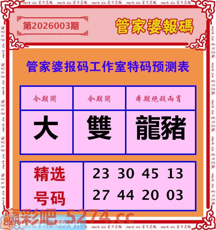 003期：管家婆报码工作室特码预测表