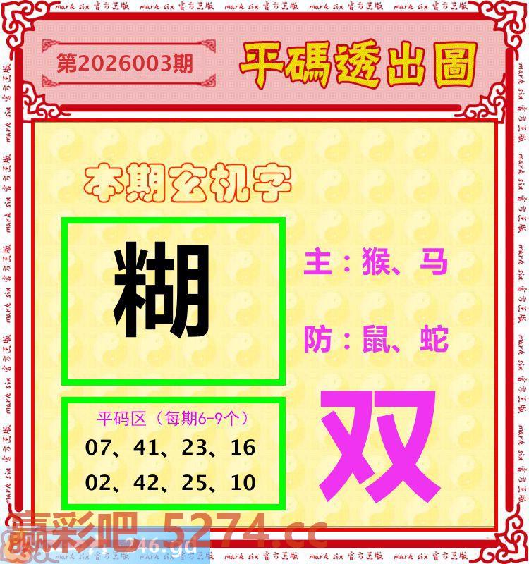 003期：玄机字+单双码+平码透出圖