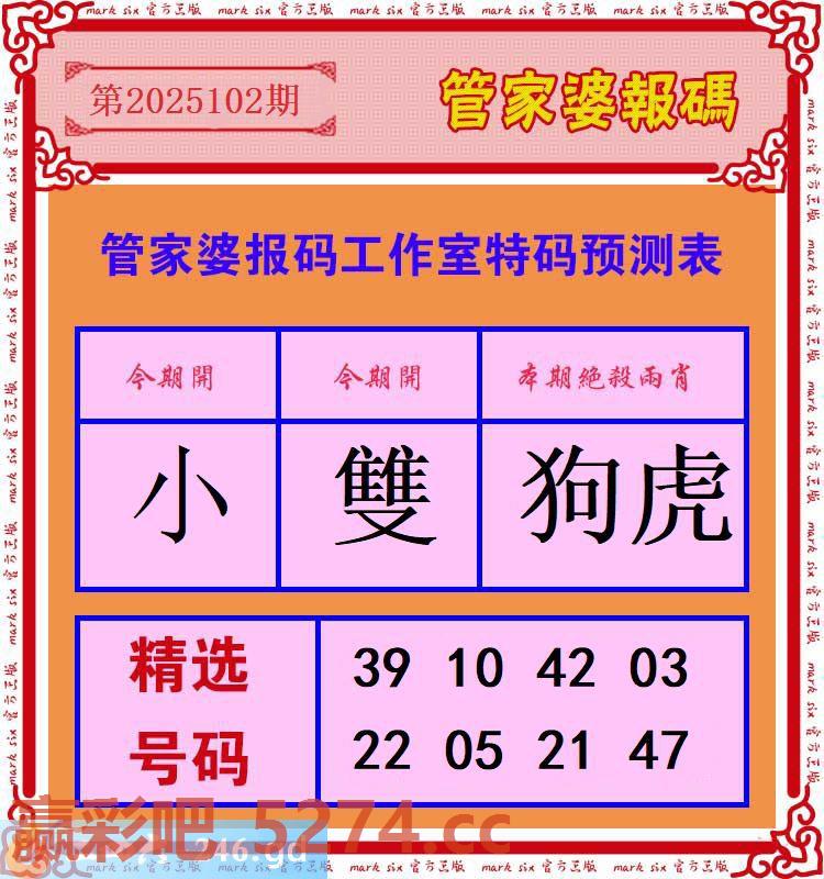 102期：管家婆报码工作室特码预测表